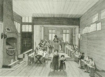 Innenansicht der Schule, die mit John Bunyans Versammlungshaus in der Zoar Street, Southwark, verbunden ist, graviert von Dale, 1822 von Schnibbelee after Schnibbelee after